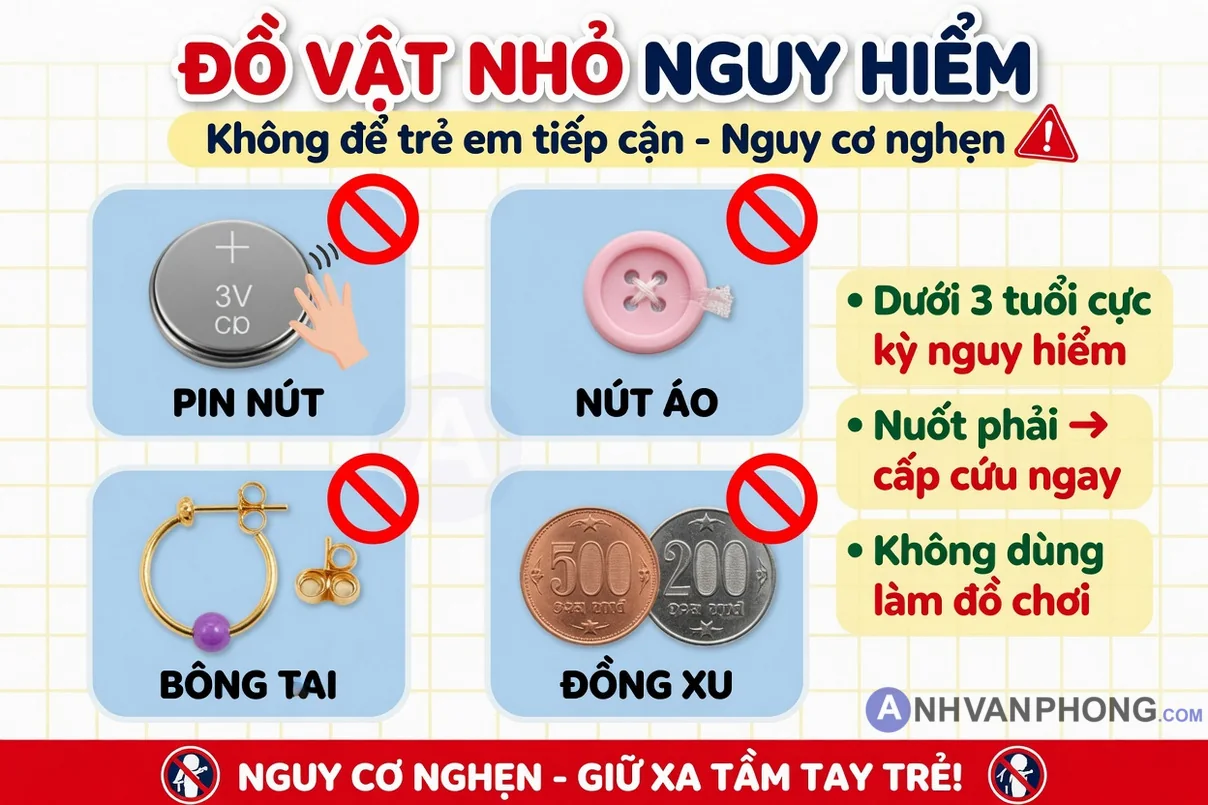 Các vật dụng nhỏ: pin nút, nút áo, bông tai, đồng xu,...ảnh hưởng đến trẻ nhỏ