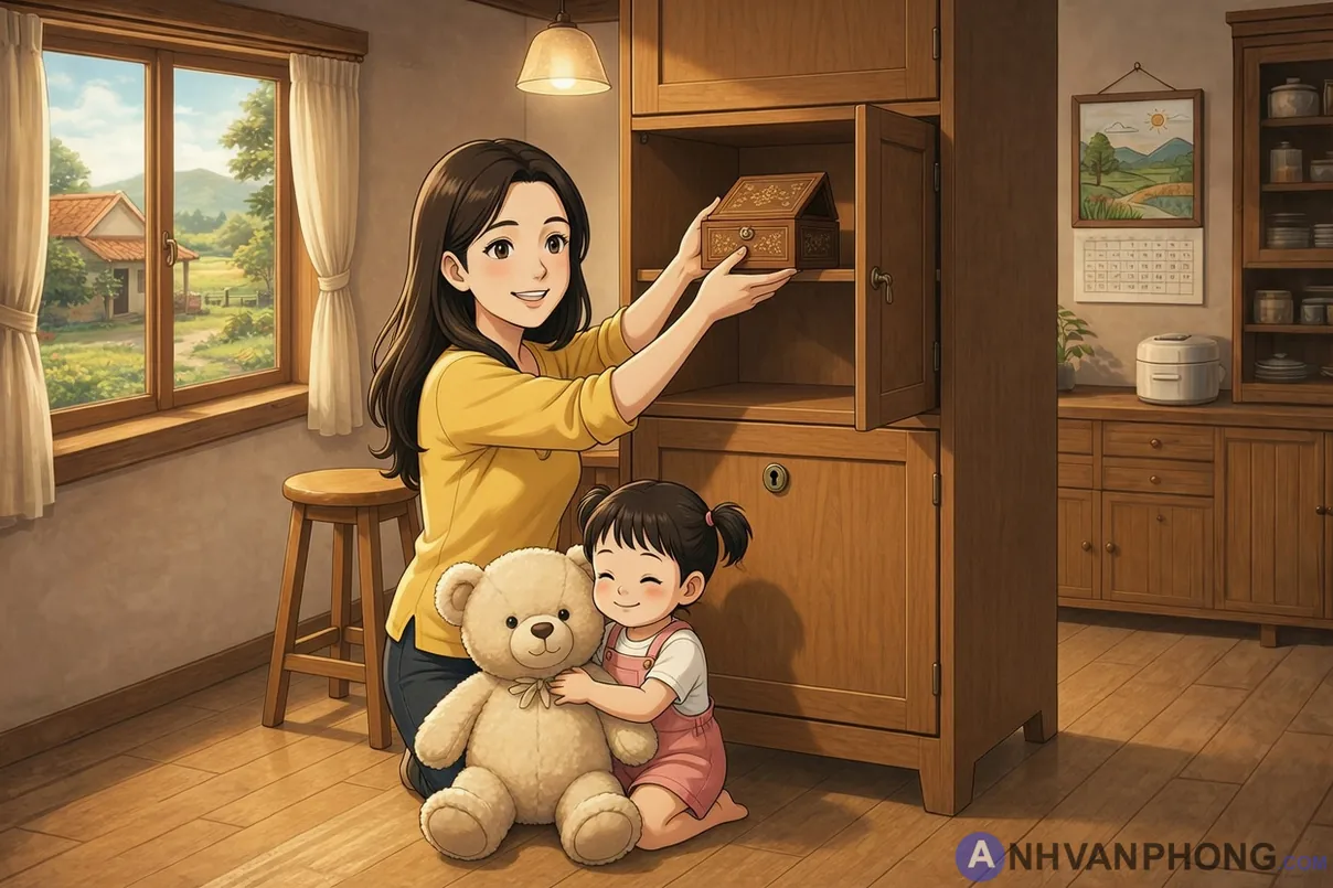 Người mẹ đang cất những vật dụng nhỏ khỏi tầm tai của trẻ nhỏ
