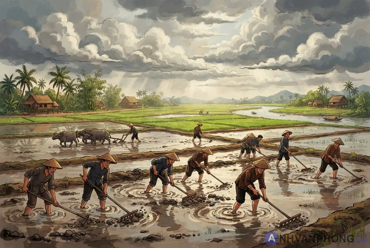 Hình ảnh người nông dân đang dọn dẹp cánh đồng lúa trước vụ sạ lúa