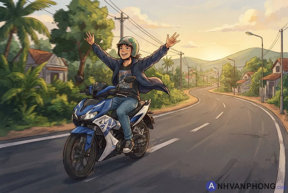 Bạn trẻ lái xe giao thông trên đường, buông cả hai tay lái xe